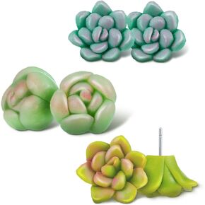 Kenning 3 Pairs Succulent Earrings Plant Earrings Handmade Succulent Jewelry Botanical Floral Stud Earrings Polymer Clay Succulent Stud Earrings Gifts for Women