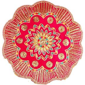 Round Velvet Pooja Cloth Mat Aasan Decorative Cloth with Sequence Work for Indian Traditional Multipurpose Pooja Festival New Year Decorations Items and Article Home Decor (Size :- 17")(Pink)