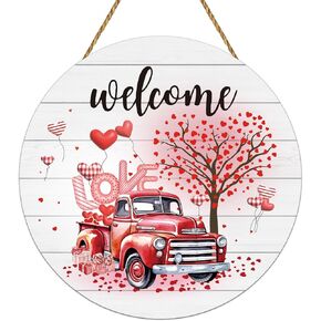 YUNKKIN Valentines Day Door Decorations Valentines Red Truck Decor Valentines Day Wall Decor Wooden Valentines Door Hanger Valentines Welcome Sign for Front Door Wall Indoor Home Decor