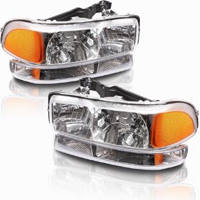 Chrome Amber Headlight Assembly Compatible with 1999 2000 2001 2002 2003 2004 2005 2006 GMC Sierra 1500 2500 + 2000-2006 GMC Yukon