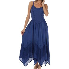 Sakkas Rayon Embroidered Stonewashed Adjustable Spaghetti Straps Long Dress