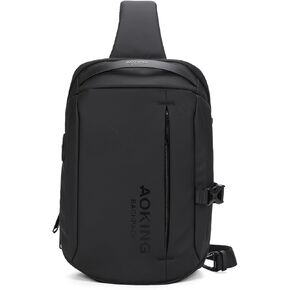 AOKING Lightweight Sling Bag for Men,Waterproof Crossbody Shoulder Backpack with USB Charging Port,Casual Cross Body Bag (Black 1)