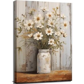 Rustic Farmhouse Daisy Floral Canvas Wall Art Vintage Neutral Country Flower Still Life Botanical Painting Picture Wall Decor Poster Print for Bathroom Living Room Bedroom Home Decoration