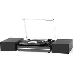 Vinyl Record Players with External Speakers Vintage Turntable for Vinyl Records with Dual Speakers Belt-Driven Turntables Support 3-Speed Bluetooth Wireless Playback Headphone, AUX-in Black