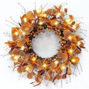 [ Timer ] 20 Inch Thanksgiving Wreaths for Front Door with Lights, Artificial Fall Thanksgiving Wreath Eucalyptus Leafed Berried Twigs Autumn Wreath for Thanksgiving Decor Wall Home Indoor Outdoor