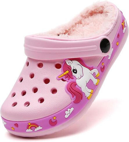 SECHRITE Toddler Kids Lined Clogs Garden Shoes with Fuzzy Fur Cartoon Slip On Mules Boys Girls Winter Warm Home Slippers Indoor Outdoor in Saudi Arabia