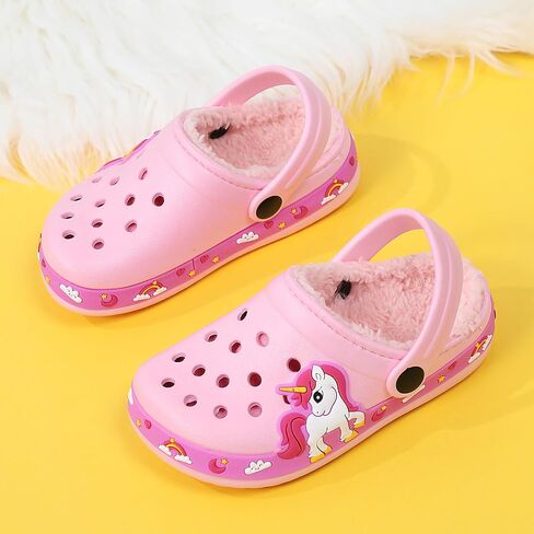 SECHRITE Toddler Kids Lined Clogs Garden Shoes with Fuzzy Fur Cartoon Slip On Mules Boys Girls Winter Warm Home Slippers Indoor Outdoor in Saudi Arabia