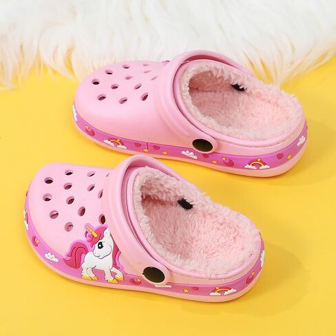SECHRITE Toddler Kids Lined Clogs Garden Shoes with Fuzzy Fur Cartoon Slip On Mules Boys Girls Winter Warm Home Slippers Indoor Outdoor in Saudi Arabia