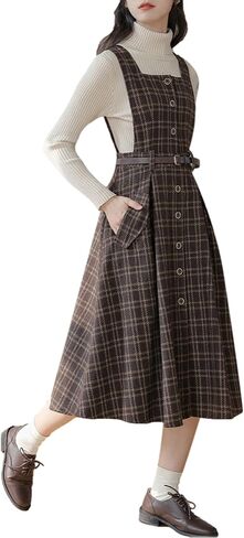 Sleeveless Plaid Belted Dress for Women Fall Winter Square Collar Wool Midi Overall Pinafore Dress with Pocket in Saudi Arabia