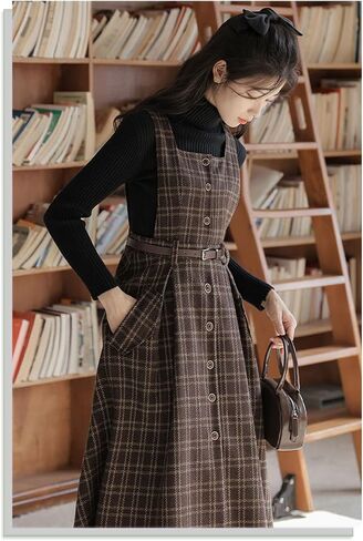 Sleeveless Plaid Belted Dress for Women Fall Winter Square Collar Wool Midi Overall Pinafore Dress with Pocket in Saudi Arabia