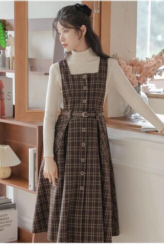 Sleeveless Plaid Belted Dress for Women Fall Winter Square Collar Wool Midi Overall Pinafore Dress with Pocket in Saudi Arabia