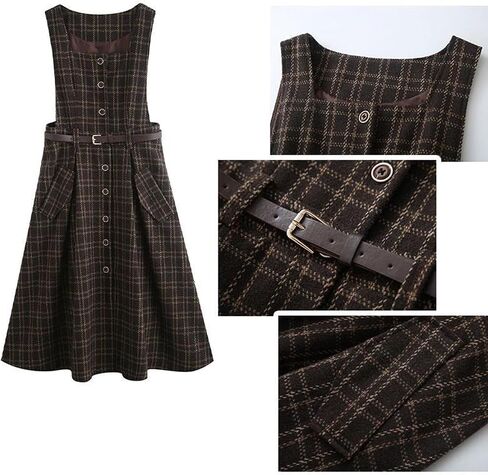 Sleeveless Plaid Belted Dress for Women Fall Winter Square Collar Wool Midi Overall Pinafore Dress with Pocket in Saudi Arabia