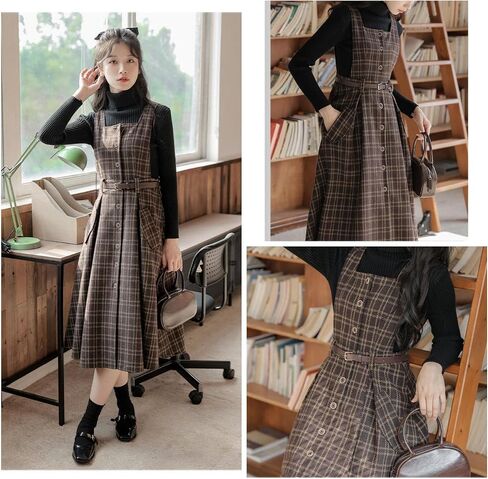 Sleeveless Plaid Belted Dress for Women Fall Winter Square Collar Wool Midi Overall Pinafore Dress with Pocket in Saudi Arabia