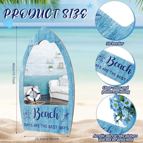 مرآة ديكور جدار الشاطئ من Yokeer مقاس 15.7 × 9.8 بوصة من الأكريليك مرايا ساحلية للجدار مرآة حائط ريفية بديكور بحري على شكل محيط لغرفة النوم والحمام وغرفة المعيشة in Kuwait