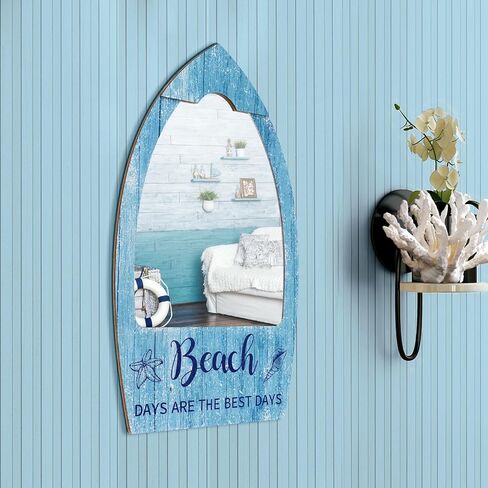 مرآة ديكور جدار الشاطئ من Yokeer مقاس 15.7 × 9.8 بوصة من الأكريليك مرايا ساحلية للجدار مرآة حائط ريفية بديكور بحري على شكل محيط لغرفة النوم والحمام وغرفة المعيشة in Kuwait