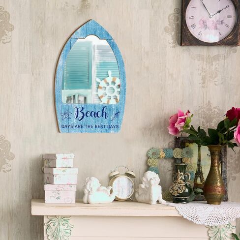 مرآة ديكور جدار الشاطئ من Yokeer مقاس 15.7 × 9.8 بوصة من الأكريليك مرايا ساحلية للجدار مرآة حائط ريفية بديكور بحري على شكل محيط لغرفة النوم والحمام وغرفة المعيشة in Kuwait