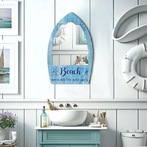 مرآة ديكور جدار الشاطئ من Yokeer مقاس 15.7 × 9.8 بوصة من الأكريليك مرايا ساحلية للجدار مرآة حائط ريفية بديكور بحري على شكل محيط لغرفة النوم والحمام وغرفة المعيشة in Kuwait