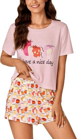 Rooscier Women's Pajama Set Short Sleeve Pjs Round Neck Print Tee With Shorts Sleepwear in Saudi Arabia