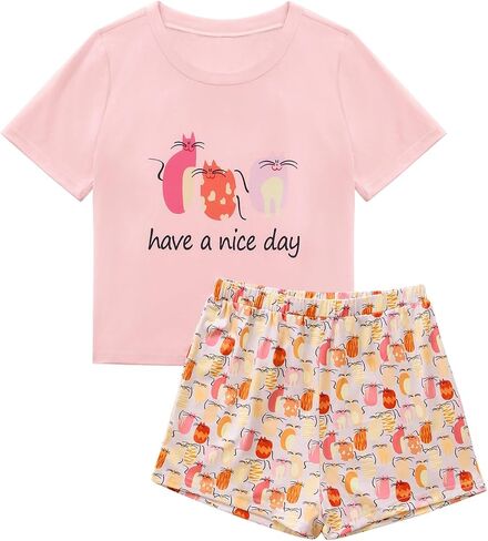 Rooscier Women's Pajama Set Short Sleeve Pjs Round Neck Print Tee With Shorts Sleepwear in Saudi Arabia