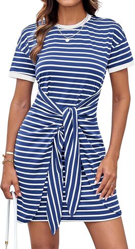 GRACE KARIN Striped Shirt Dresses for Women Front Tie Crewneck Wrap Dress Short Sleeve T-Shirt Casual Mini Bodycon Dress in Saudi Arabia