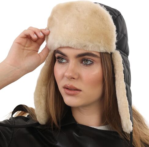 Shearling Sheepskin Ushanka Trapper Fur Hat - Men’s & Women’s Leather Aviator Winter Cap in Saudi Arabia