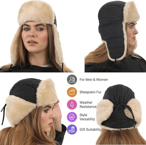 Shearling Sheepskin Ushanka Trapper Fur Hat - Men’s & Women’s Leather Aviator Winter Cap in Saudi Arabia