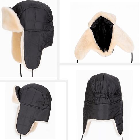 Shearling Sheepskin Ushanka Trapper Fur Hat - Men’s & Women’s Leather Aviator Winter Cap in Saudi Arabia
