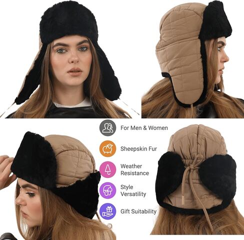 Shearling Sheepskin Ushanka Trapper Fur Hat - Men’s & Women’s Leather Aviator Winter Cap in Saudi Arabia