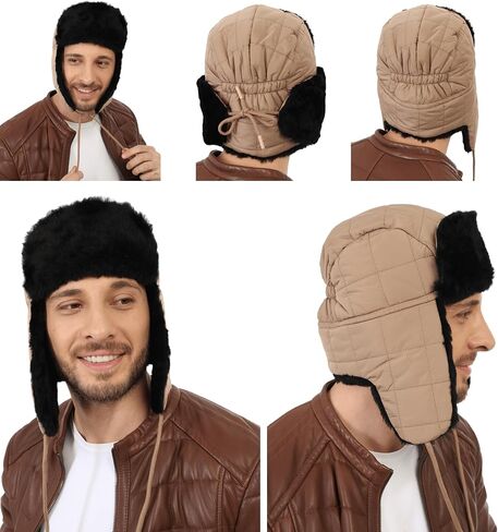 Shearling Sheepskin Ushanka Trapper Fur Hat - Men’s & Women’s Leather Aviator Winter Cap in Saudi Arabia