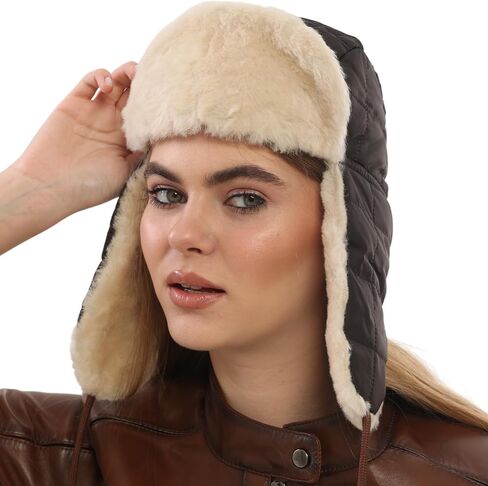 Shearling Sheepskin Ushanka Trapper Fur Hat - Men’s & Women’s Leather Aviator Winter Cap in Saudi Arabia