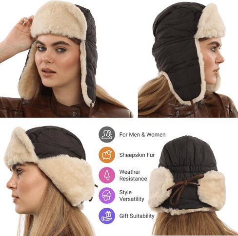 Shearling Sheepskin Ushanka Trapper Fur Hat - Men’s & Women’s Leather Aviator Winter Cap in Saudi Arabia