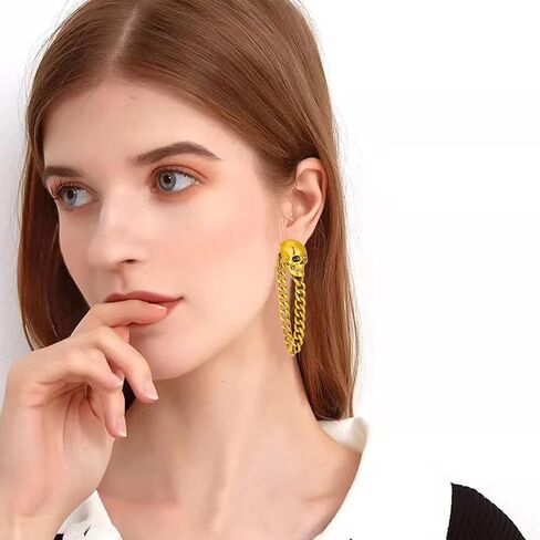 Gothic Skull Chain Stud Earrings for Women Men Vintage Ghost Skull Skeleton Tassel Drop Dangle Earrings Statement Jewelry in Saudi Arabia