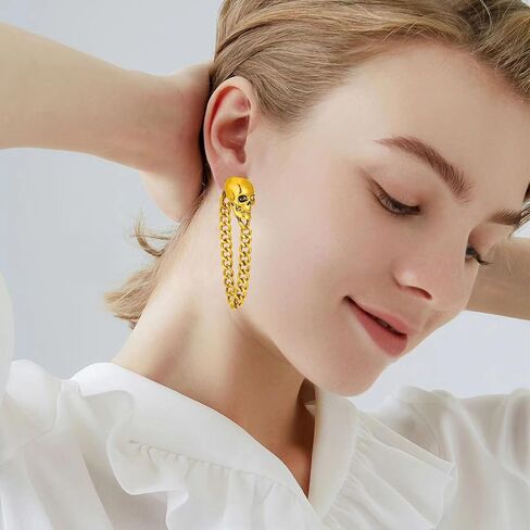 Gothic Skull Chain Stud Earrings for Women Men Vintage Ghost Skull Skeleton Tassel Drop Dangle Earrings Statement Jewelry in Saudi Arabia
