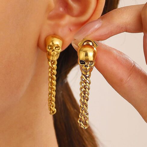 Gothic Skull Chain Stud Earrings for Women Men Vintage Ghost Skull Skeleton Tassel Drop Dangle Earrings Statement Jewelry in Saudi Arabia