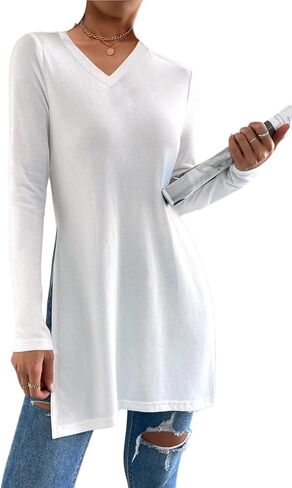 تيشيرتات نسائية بفتحة جانبية من Remidoo بأكمام طويلة ورقبة على شكل حرف V وتونيك أساسي in Kuwait