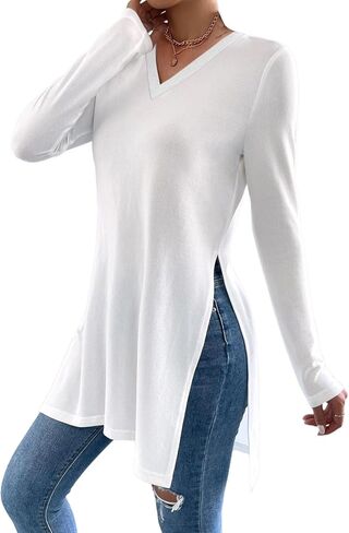 تيشيرتات نسائية بفتحة جانبية من Remidoo بأكمام طويلة ورقبة على شكل حرف V وتونيك أساسي in Kuwait