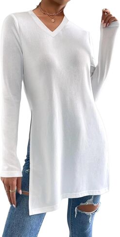 تيشيرتات نسائية بفتحة جانبية من Remidoo بأكمام طويلة ورقبة على شكل حرف V وتونيك أساسي in Kuwait