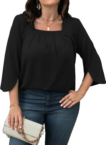 Rinethy Women's Plus Size Tunic Tops 3/4 Sleeve Square Neck Pleated Casual Blouse Dressy Loose Fit T Shirt in Saudi Arabia