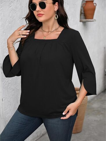 Rinethy Women's Plus Size Tunic Tops 3/4 Sleeve Square Neck Pleated Casual Blouse Dressy Loose Fit T Shirt in Saudi Arabia