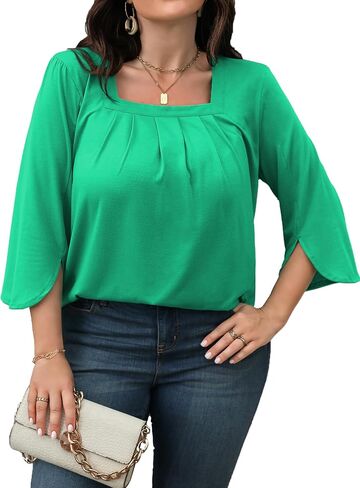 Rinethy Women's Plus Size Tunic Tops 3/4 Sleeve Square Neck Pleated Casual Blouse Dressy Loose Fit T Shirt in Saudi Arabia