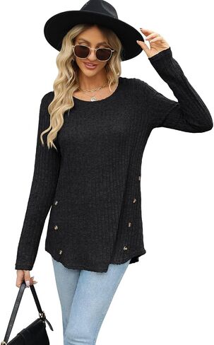 SVALIY Womens Long Sleeve Tops Tunic Fall Shirts Women Sweaters Crew Neck Button in Saudi Arabia