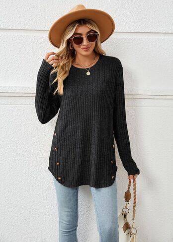 SVALIY Womens Long Sleeve Tops Tunic Fall Shirts Women Sweaters Crew Neck Button in Saudi Arabia