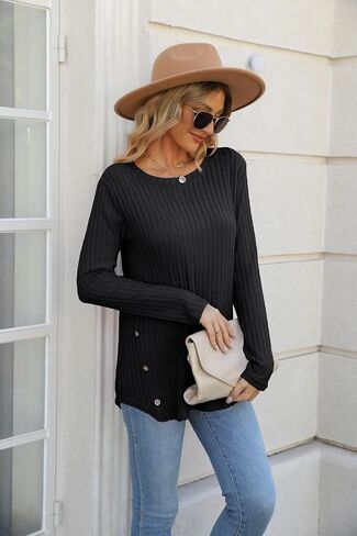 SVALIY Womens Long Sleeve Tops Tunic Fall Shirts Women Sweaters Crew Neck Button in Saudi Arabia