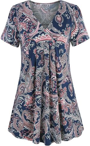 MOQIVGI Womens V Neck Printed Loose Fit Casual Blouse Top Tunic Shirt in Kuwait