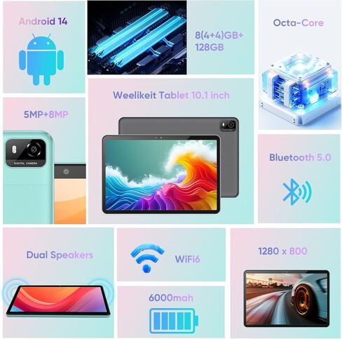 weelikeit Tablet 10 inch, Android 14 Tablets with Octa-Core Processor 14GB(6+8) RAM 128GB ROM, 1200x1920 FHD Screen, 5G WiFi, 5MP+13MP Dual Camera, Bluetooth 5.0, 7000mAh Battery (Gray) in Saudi Arabia
