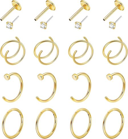 16PCS 20G 316L Stainless Steel Nose Rings Hoops for Women Men Doubule Nose Hoop CZ Push in Nose Stud Clicker Hinged Nose Hoop Piercing Jewelry in Saudi Arabia