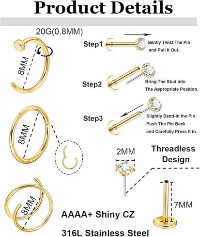 16PCS 20G 316L Stainless Steel Nose Rings Hoops for Women Men Doubule Nose Hoop CZ Push in Nose Stud Clicker Hinged Nose Hoop Piercing Jewelry in Saudi Arabia