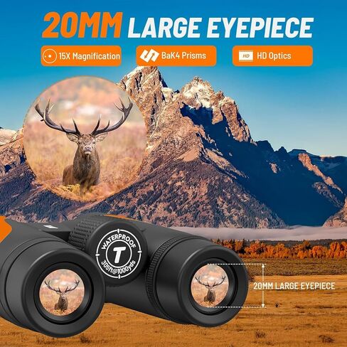 مناظير 15 × 55 عالية الدقة للبالغين، مناظير زاوية واسعة 8 درجات، 367/1000 ياردة، عدسة BAK4 Prism FMC، مناظير مقاومة للماء IPX7 لمشاهدة الطيور والمشي لمسافات طويلة والسفر والرياضات مع محول الهاتف (أخضر) in Saudi Arabia