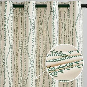 Boho Curtains Beige Linen Blend Semi Blackout -Colorful Leaf Pattern Tassel Trim Drapes, Light Filtering Privacy Window Treatments for Bedroom & Living Room Bohemian Decor (2 Panels Set)