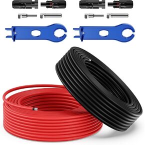 20FT 10AWG(6mm²) Solar Panel Extension Cable, with Female and Male Connectors and Extra Free Spanners, Solar Panel Adaptor Kit Tool(20FT Red + 20FT Black)
